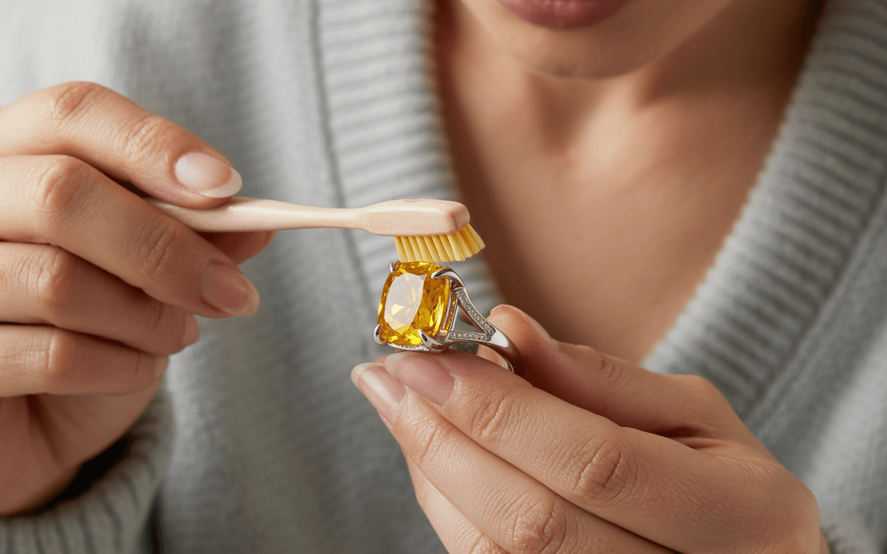 Proper Technique for Cleaning Yellow Sapphire Rings - Brushing yellow sapphire ring gently with soft toothbrush