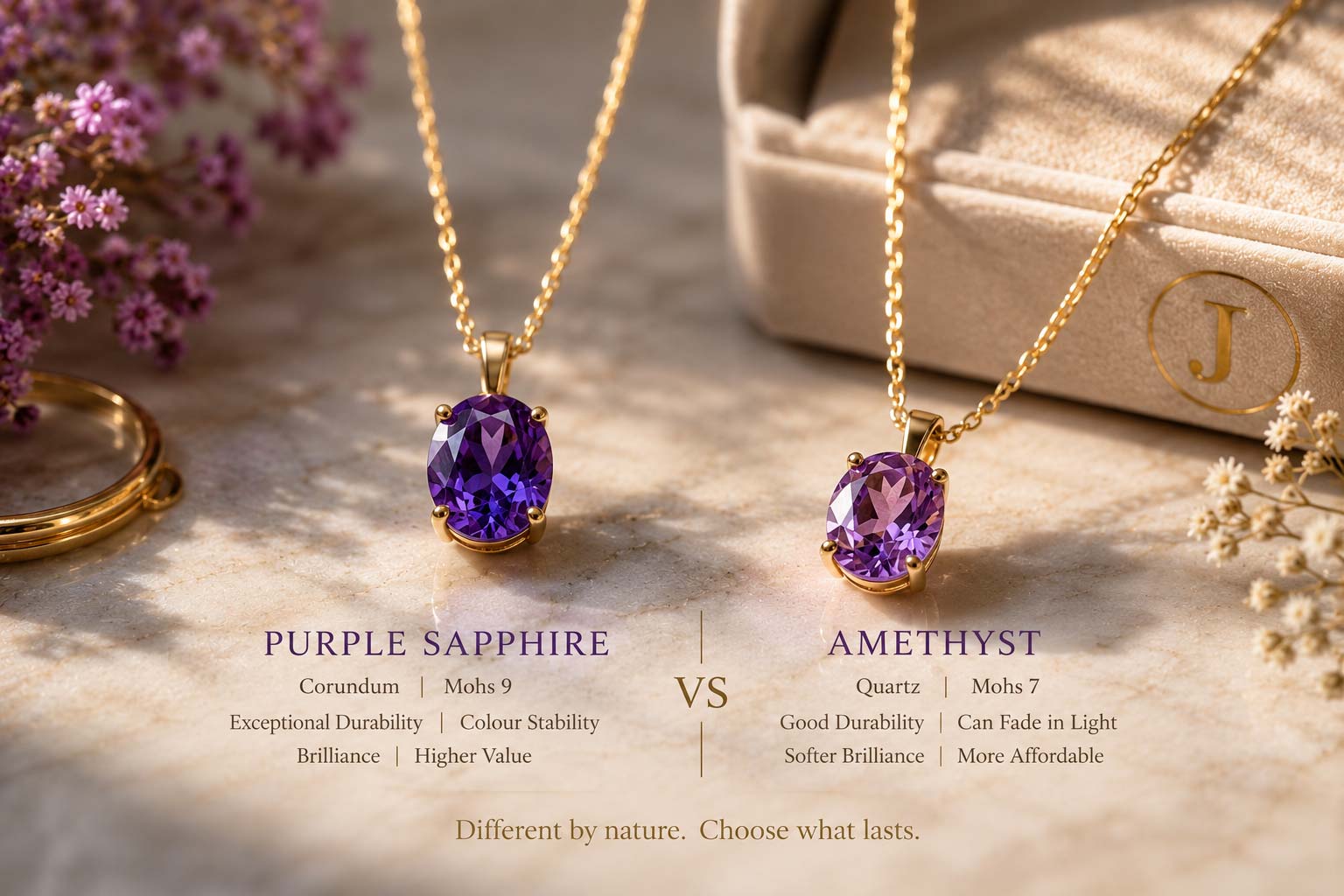 Purple sapphire and amethyst gemstone comparison for necklaces and jewellery by Juvetti Jewellery, London UK