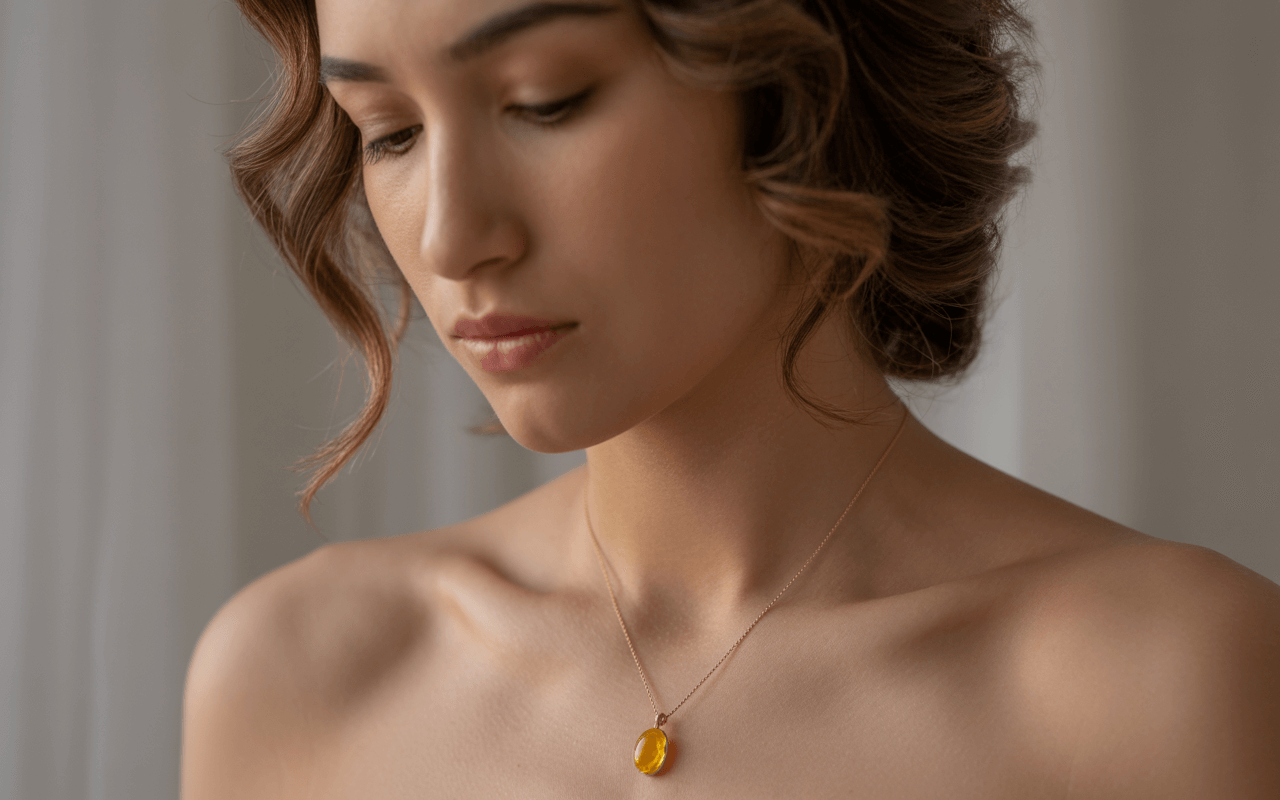 Woman meditating with yellow sapphire necklace resting near her throat chakra