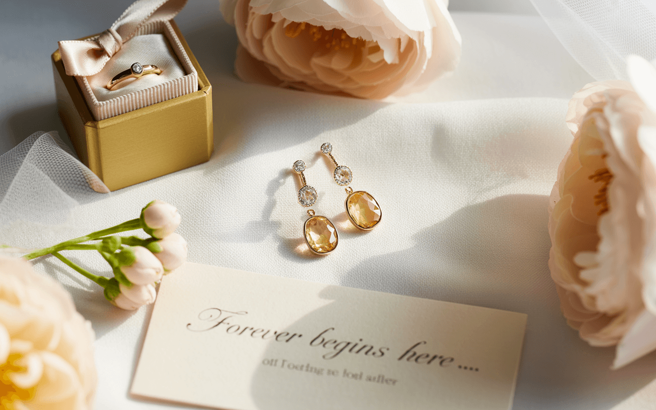 Yellow sapphire earrings styled in bridal flat lay