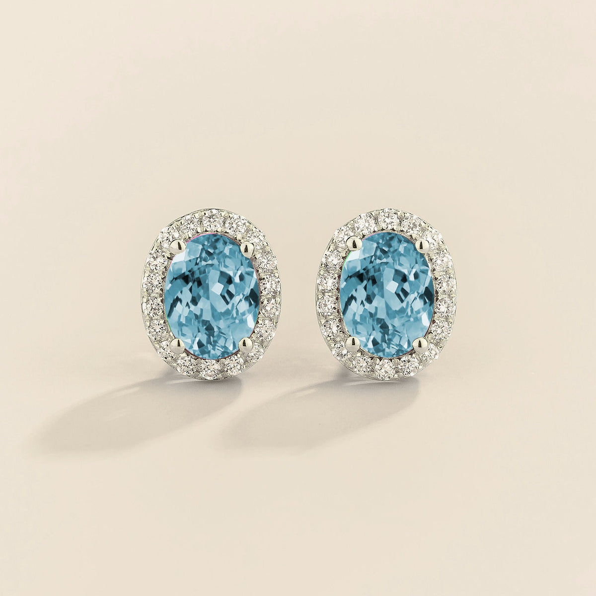 Mina Oval Aquamarine & Diamond Halo Earrings in White Gold
