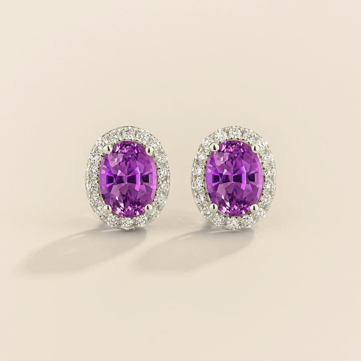 Mina Oval Purple Sapphire & Diamond Halo Earrings in White Gold