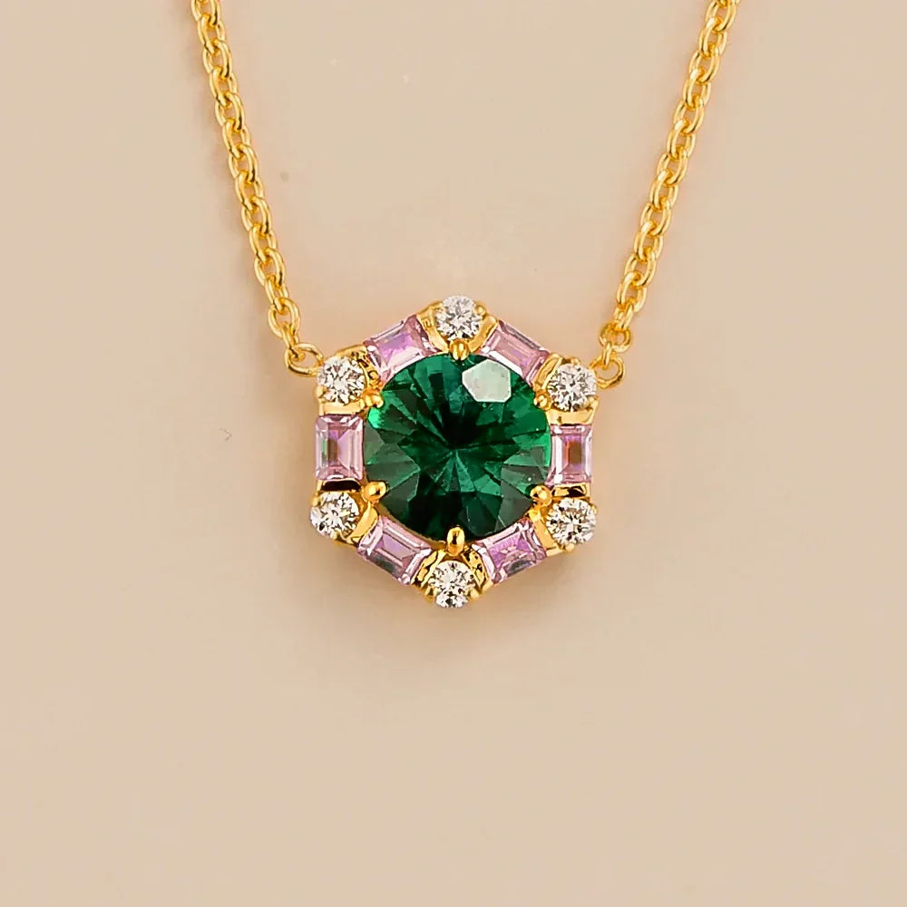 Melba Emerald, Pink Sapphire & Diamond Halo Hexagon Pendant Necklace in Gold