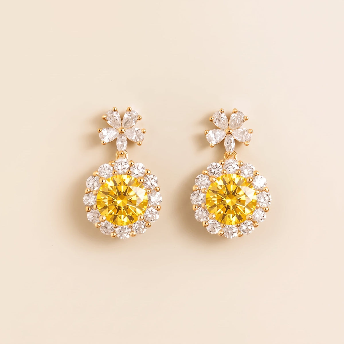 Antoinette Round Yellow Sapphire & Diamond Halo Flower Drop Earrings in Gold