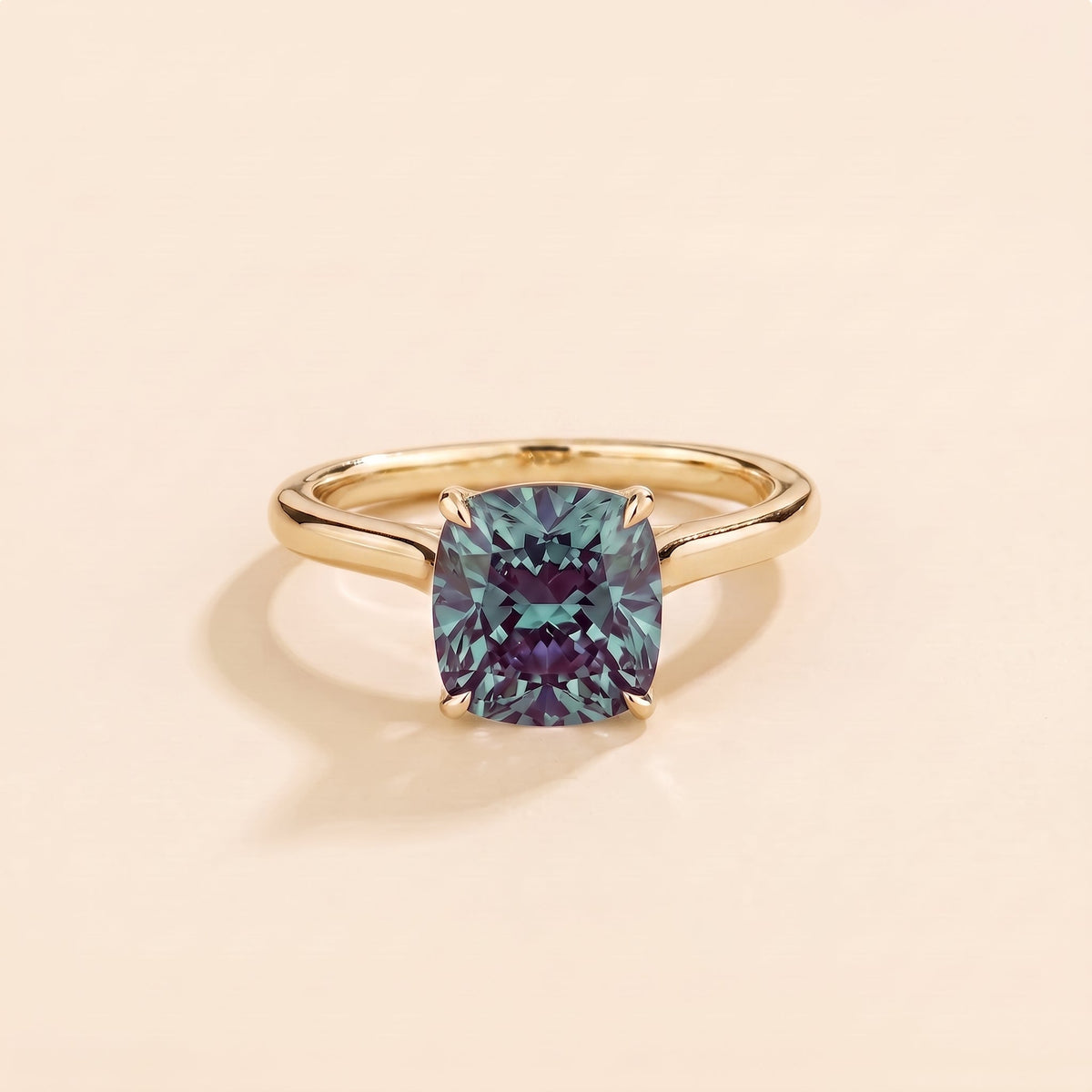 Iris Cushion Shape Alexandrite Cathedral Solitaire Ring in Gold