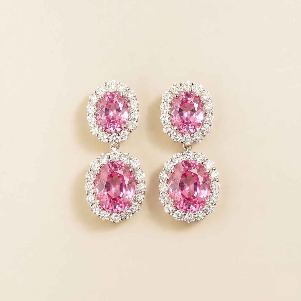 Salve Oval Pink Sapphire & Diamond Halo Drop Earrings in White Gold