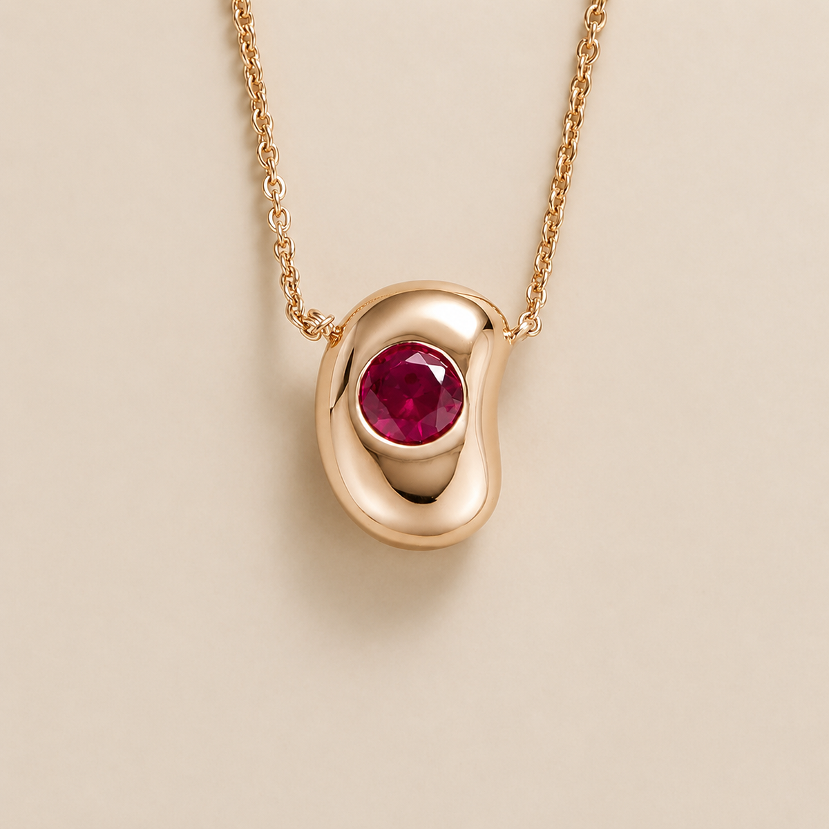 Fava Round Ruby Sculpted Pebble Pendant Necklace in Rose Gold