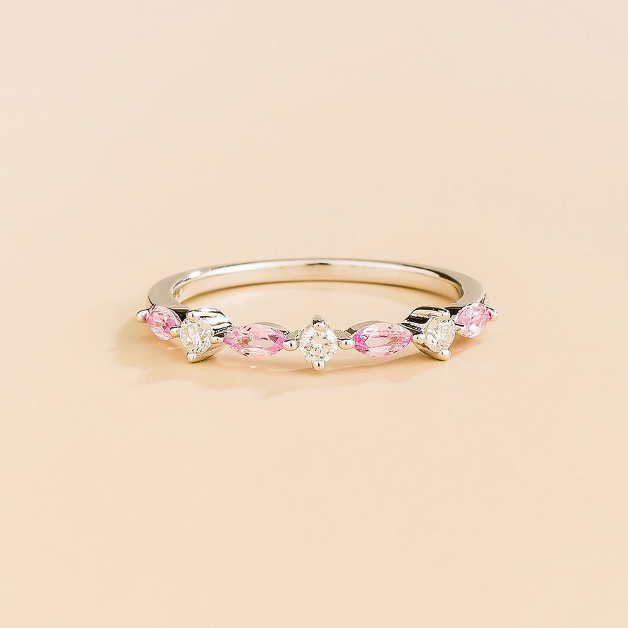 Marquise-cut lab-grown pink sapphire and diamond half eternity band in white gold | Juvetti London