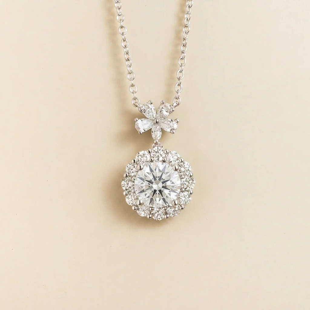 Round lab-grown diamond and diamond halo pendant necklace with flower bail in white gold | Juvetti London