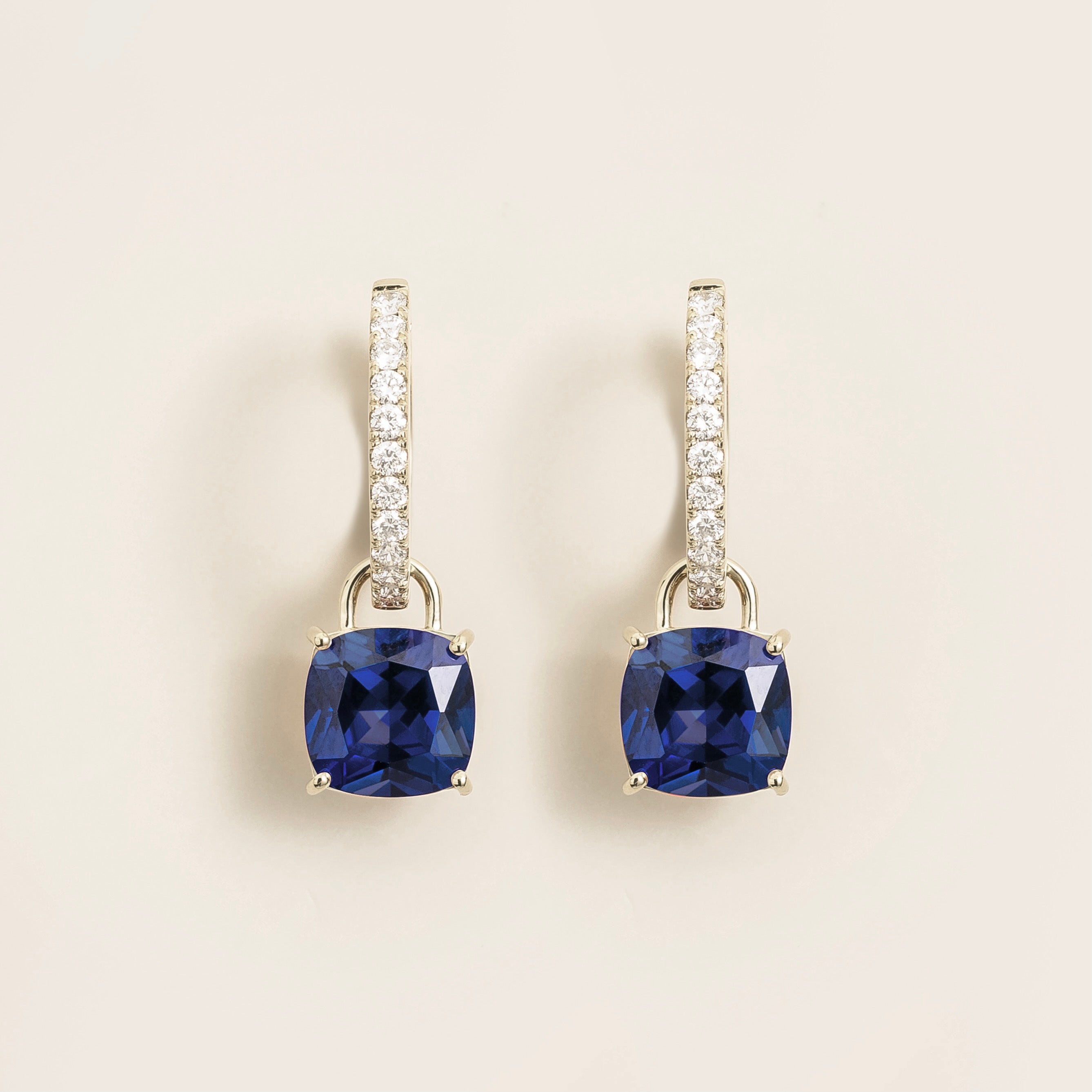 Oreol Blue Sapphire Cushion Cut & Diamond Hoop Drop Earrings in White Gold
