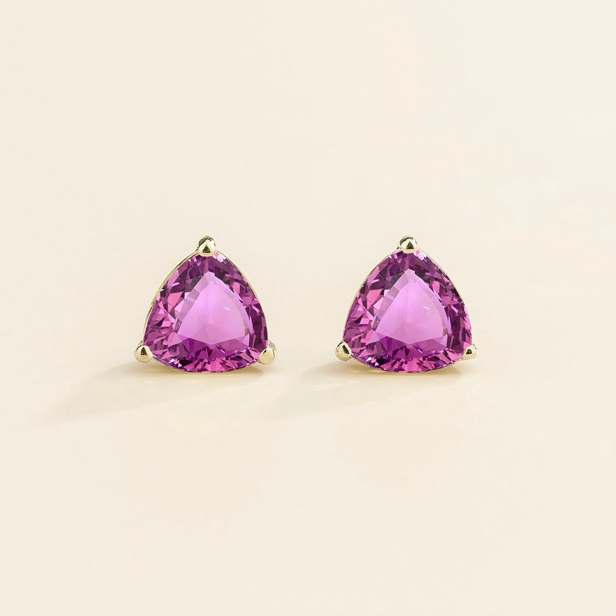 Trillion-cut lab-grown purple sapphire solitaire stud earrings in white gold | Juvetti London