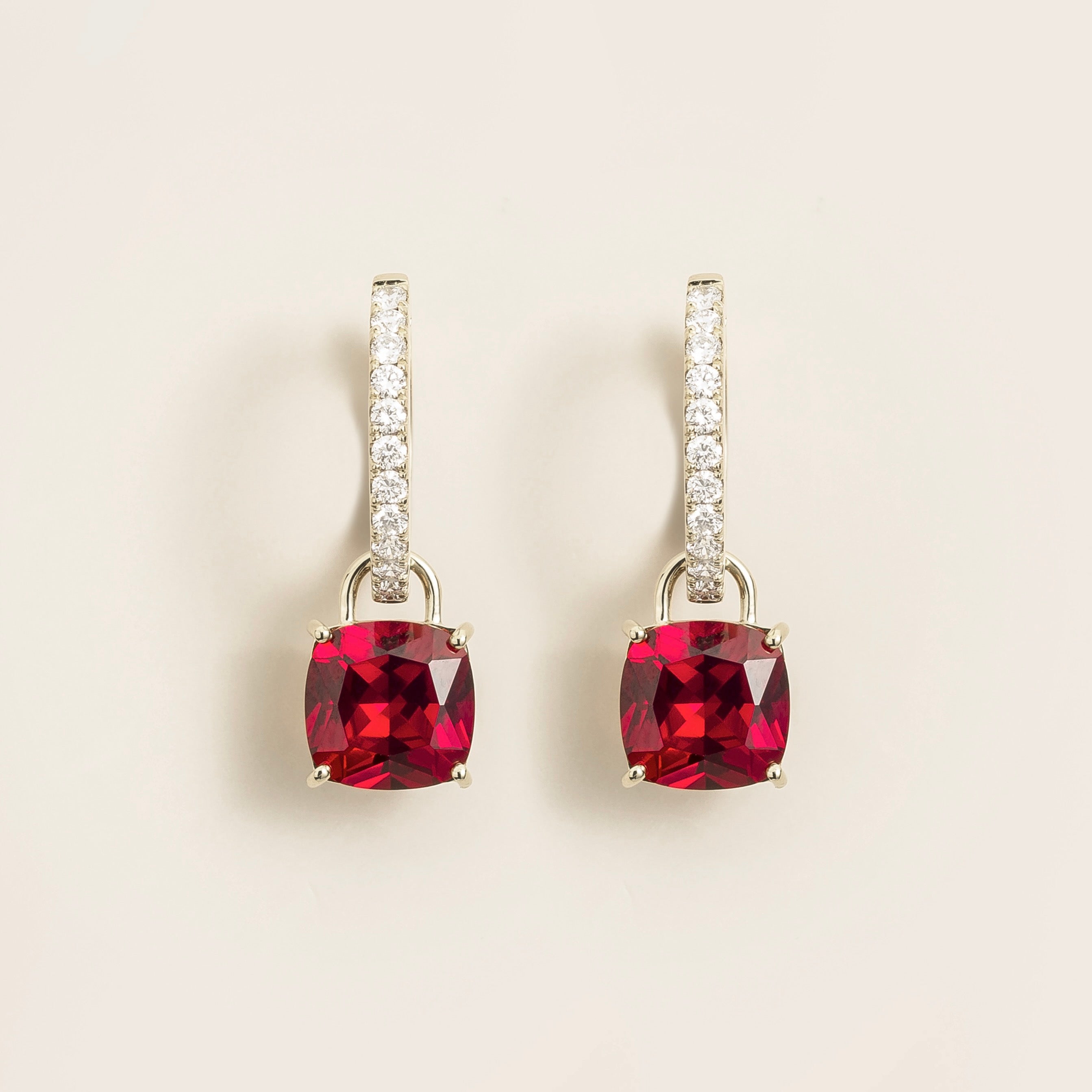 Oreol Ruby Cushion Cut & Diamond Hoop Drop Earrings in White Gold