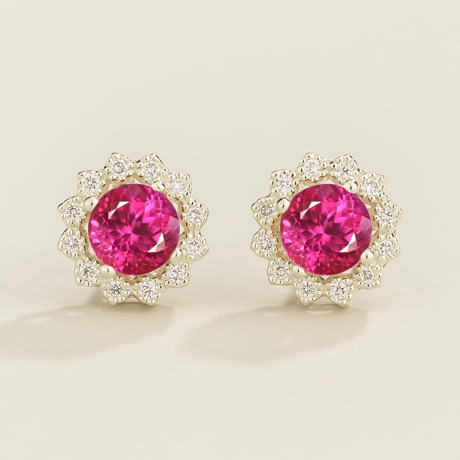 Solen Vivid Pink Sapphire Round & Diamond Halo Stud Earrings in White Gold