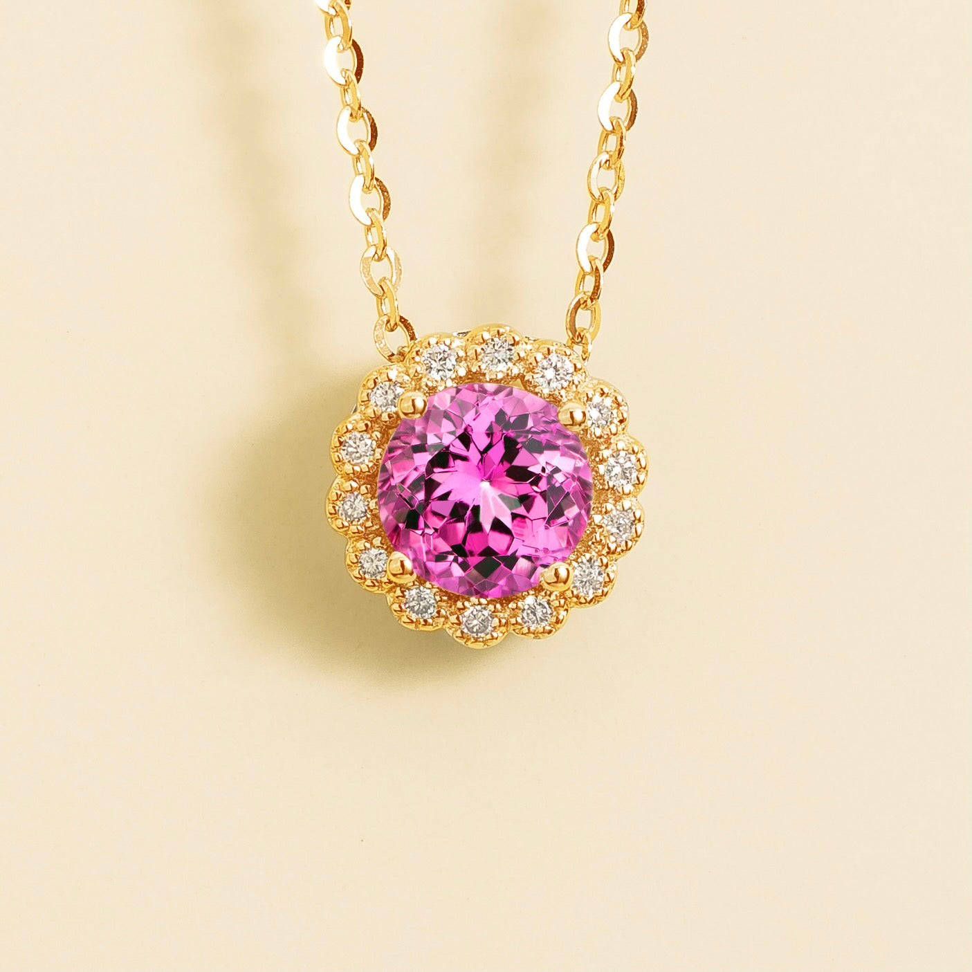 Solen Pink Sapphire Round & Diamond Halo Pendant Necklace in Gold