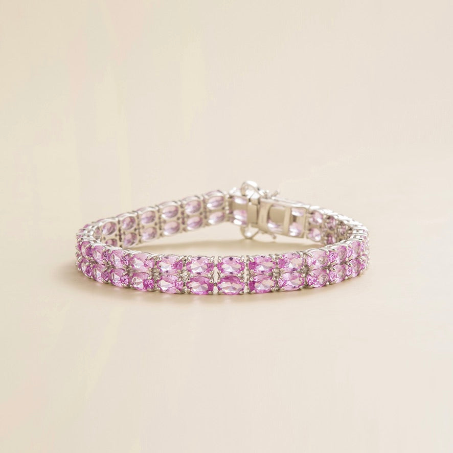 Oval lab-grown pastel pink sapphire double-row tennis bracelet in white gold | Juvetti London