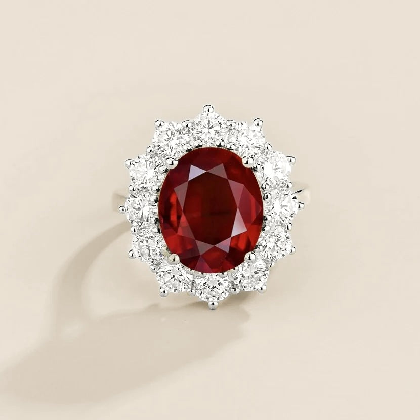 Oda Ruby Oval & Diamond Halo Ring | Juvetti