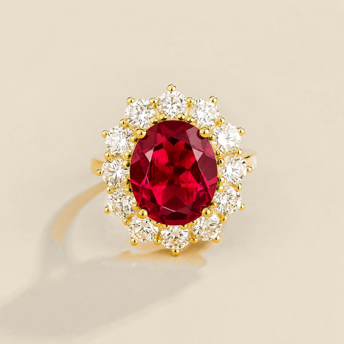 Gold ring with large oval ruby gemstone with diamonds halo on a beige background