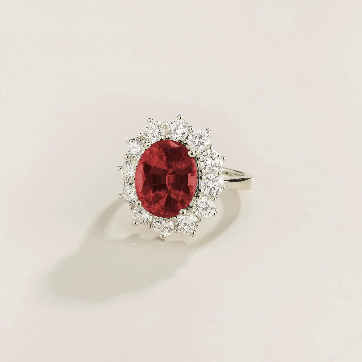 Oda Ruby Oval & Diamond Halo Ring In White Gold