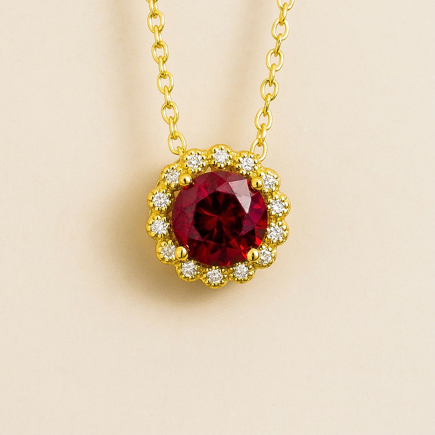 Solen Ruby Round & Diamond Halo Pendant Necklace in Gold
