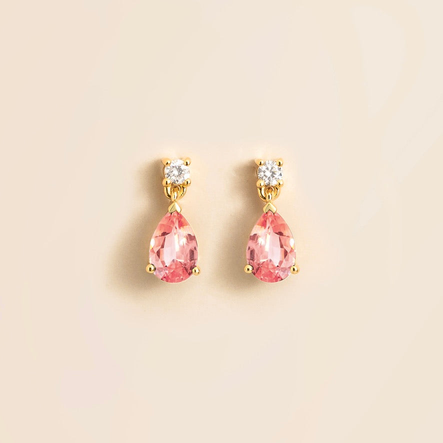 Pear-cut lab-grown padparadscha sapphire and diamond drop earrings, Pisa design in gold | Juvetti London