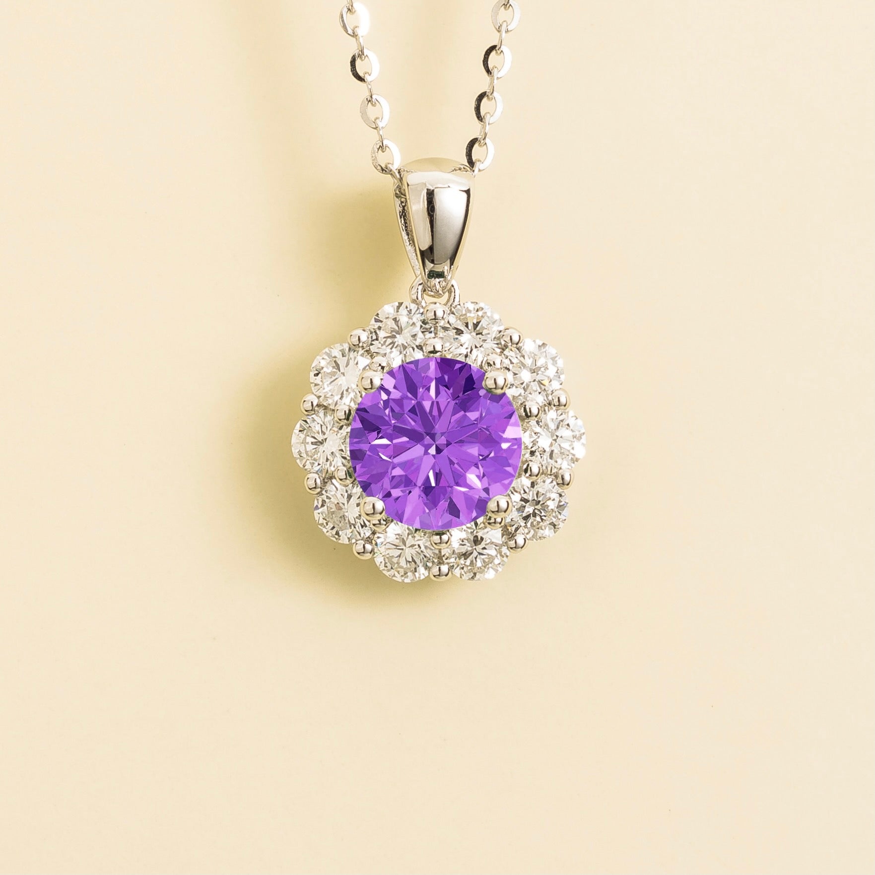 Floret Purple Sapphire Round & Diamond Halo Pendant Necklace in White Gold