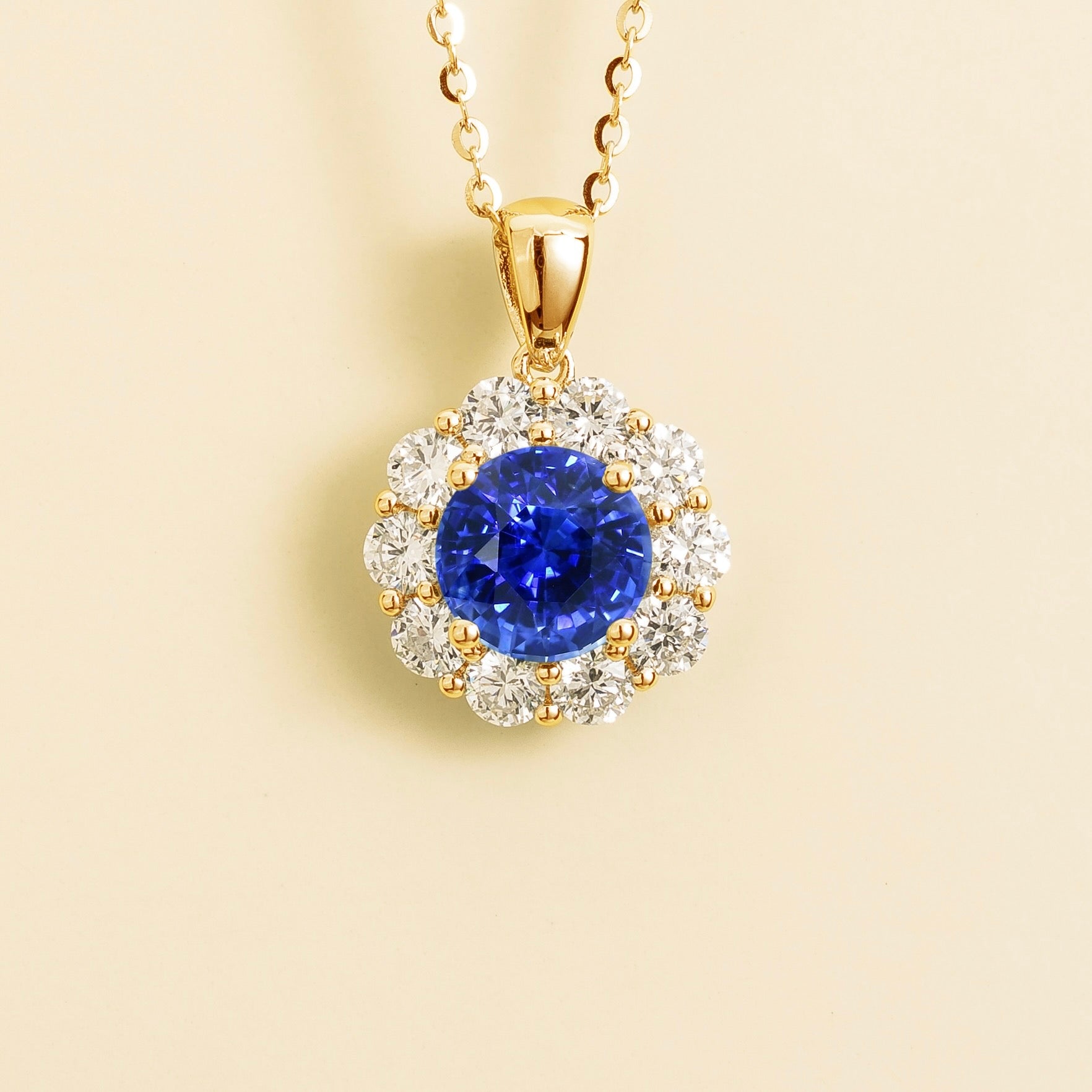 Floret Blue Sapphire Round & Diamond Halo Pendant Necklace in Gold