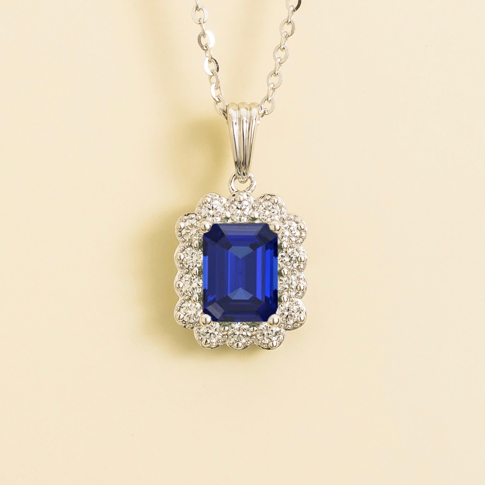 Verda Blue Sapphire Emerald-Cut & Diamond Halo Pendant Necklace in White Gold