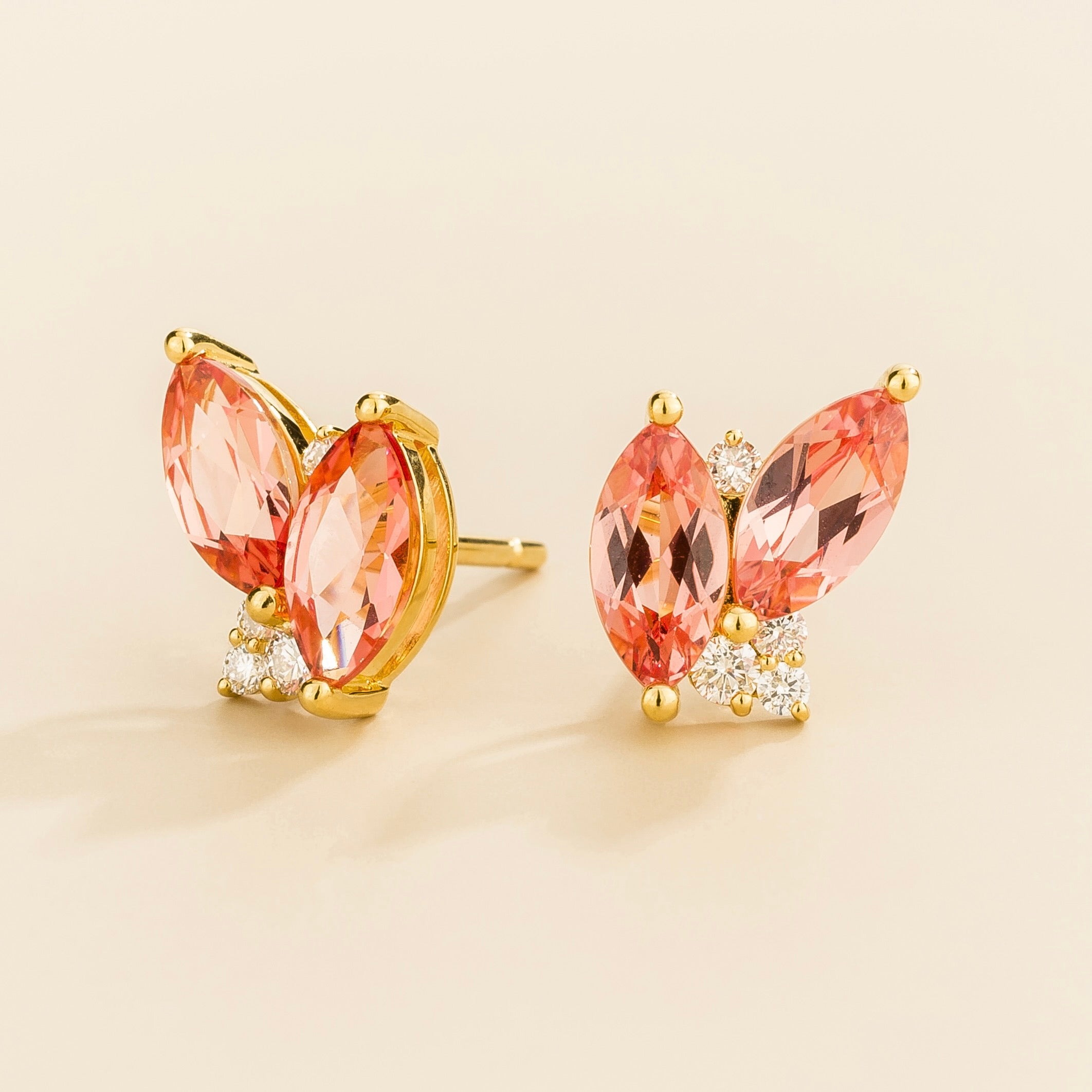 Vento Marquise Padparadscha Sapphire & Diamond Cluster Stud Earrings in Gold