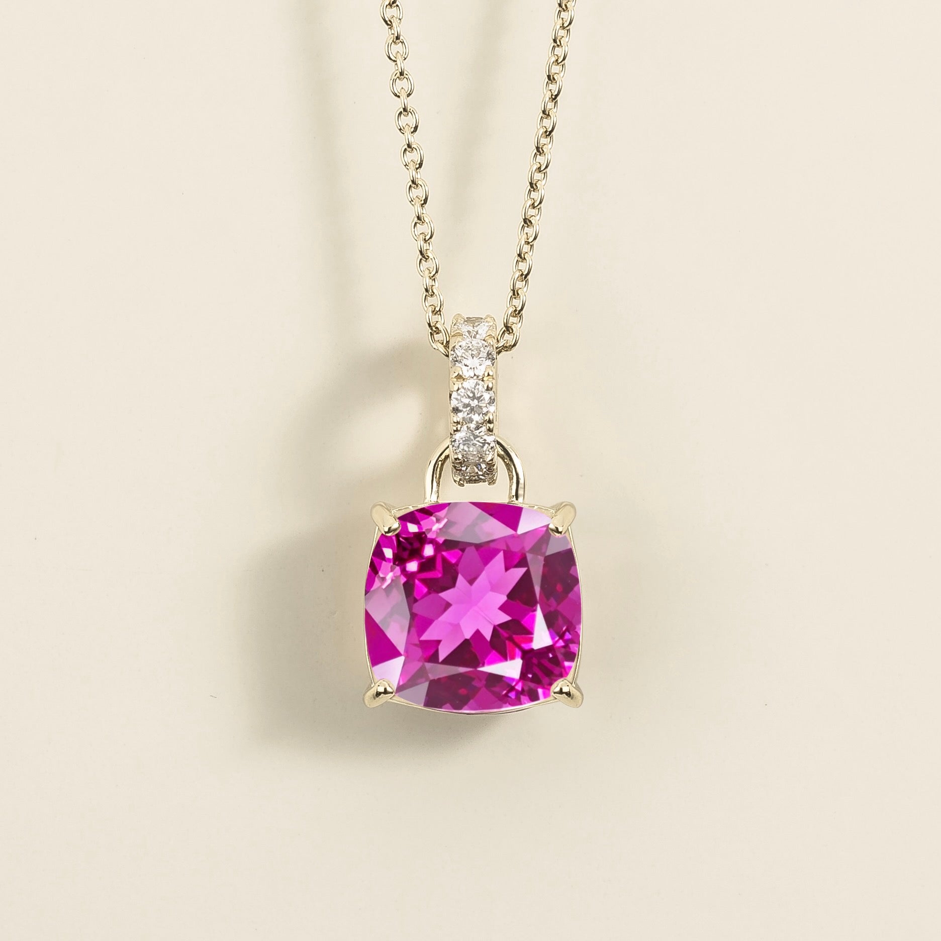 Oreol Vivid Pink Sapphire Cushion Cut & Diamond Hoop Pendant Necklace in White Gold