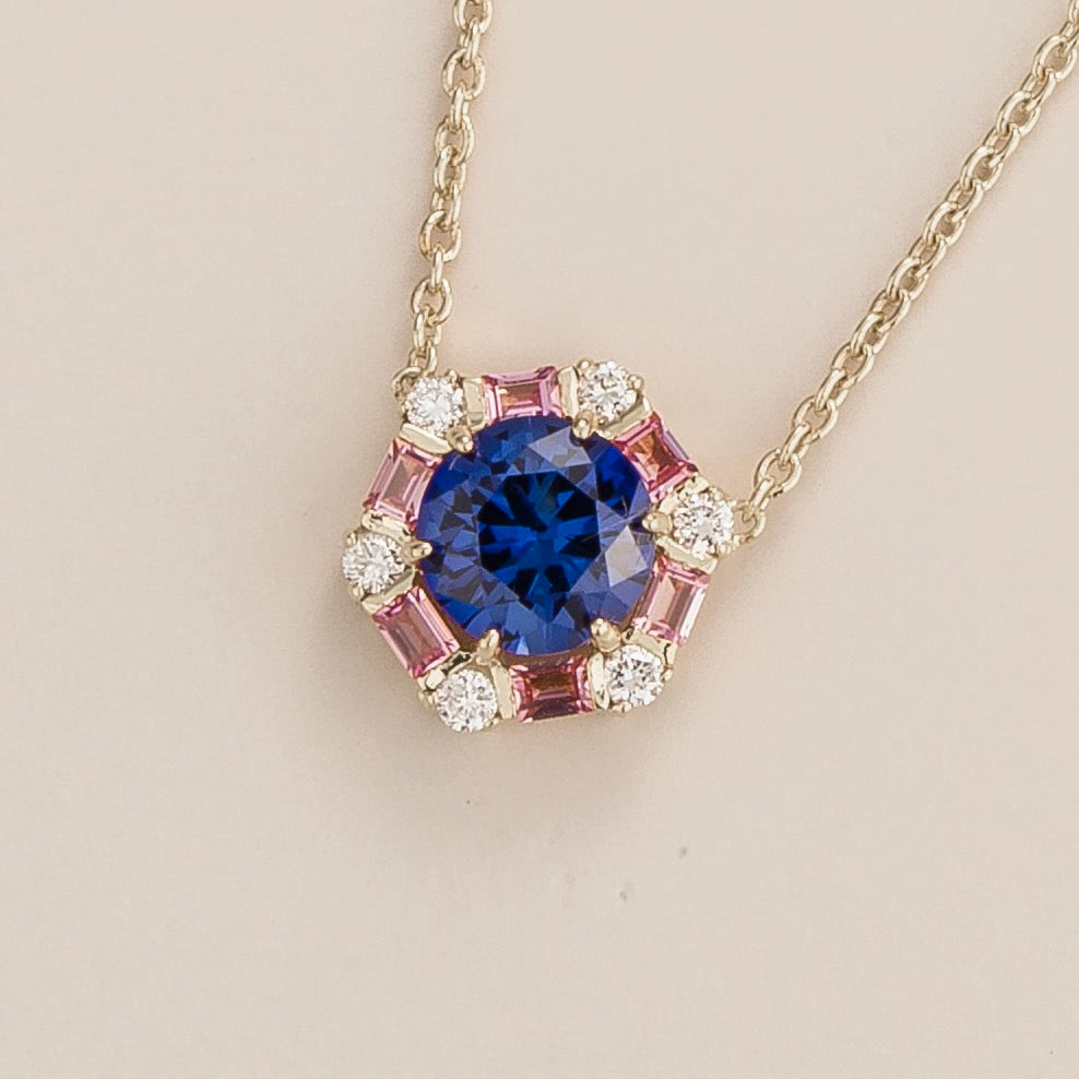 Melba Blue Sapphire, Pink Sapphire & Diamond Halo Hexagon Pendant Necklace In White Gold