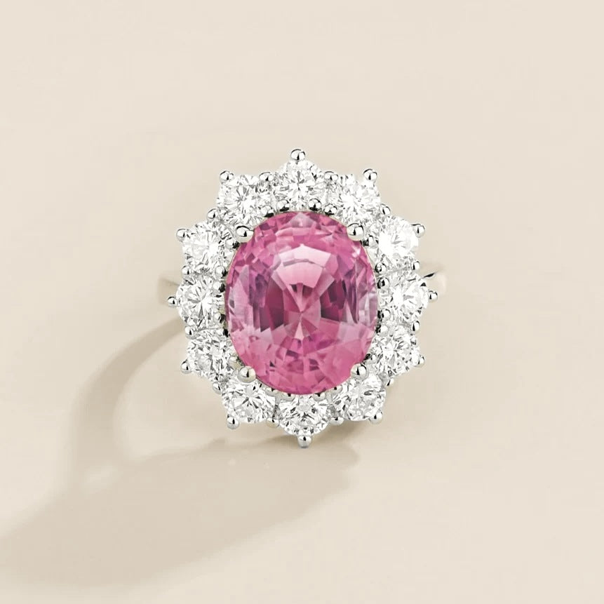 Oda Pink Sapphire Oval & Diamond Halo Ring | Juvetti