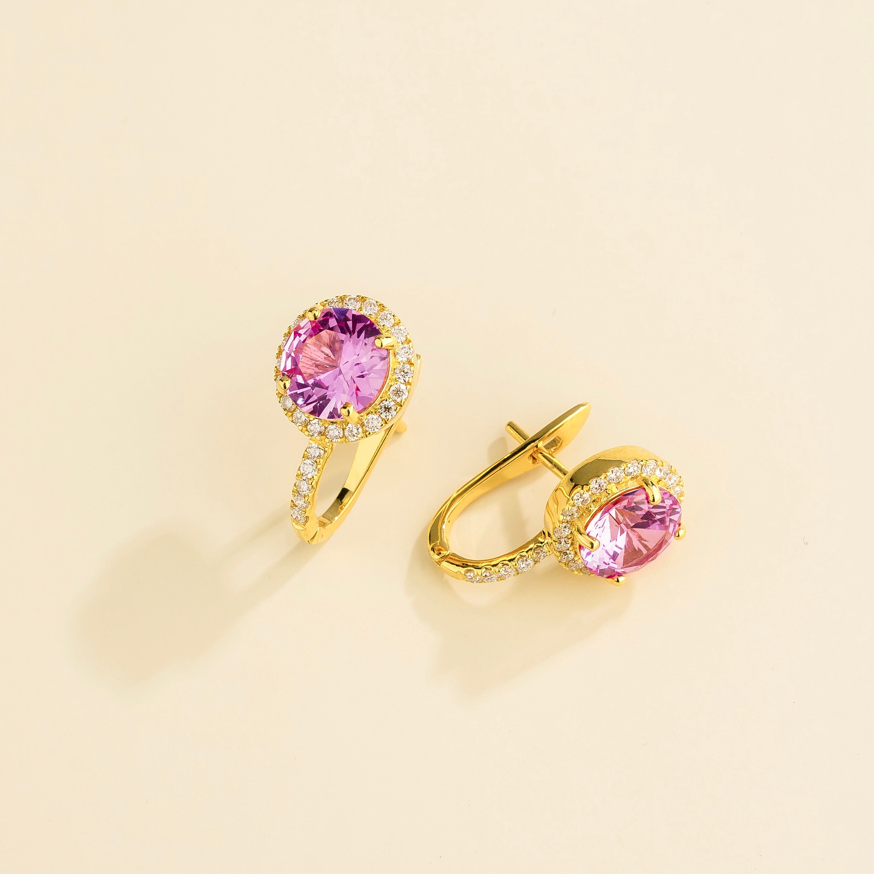 Djerv Pink Sapphire & Diamond Halo Hudggie Earrings in Gold
