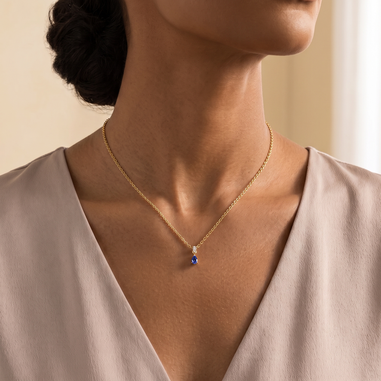 Pisa Blue Sapphire & Diamond Pear Drop Pendant Necklace In Gold - Large