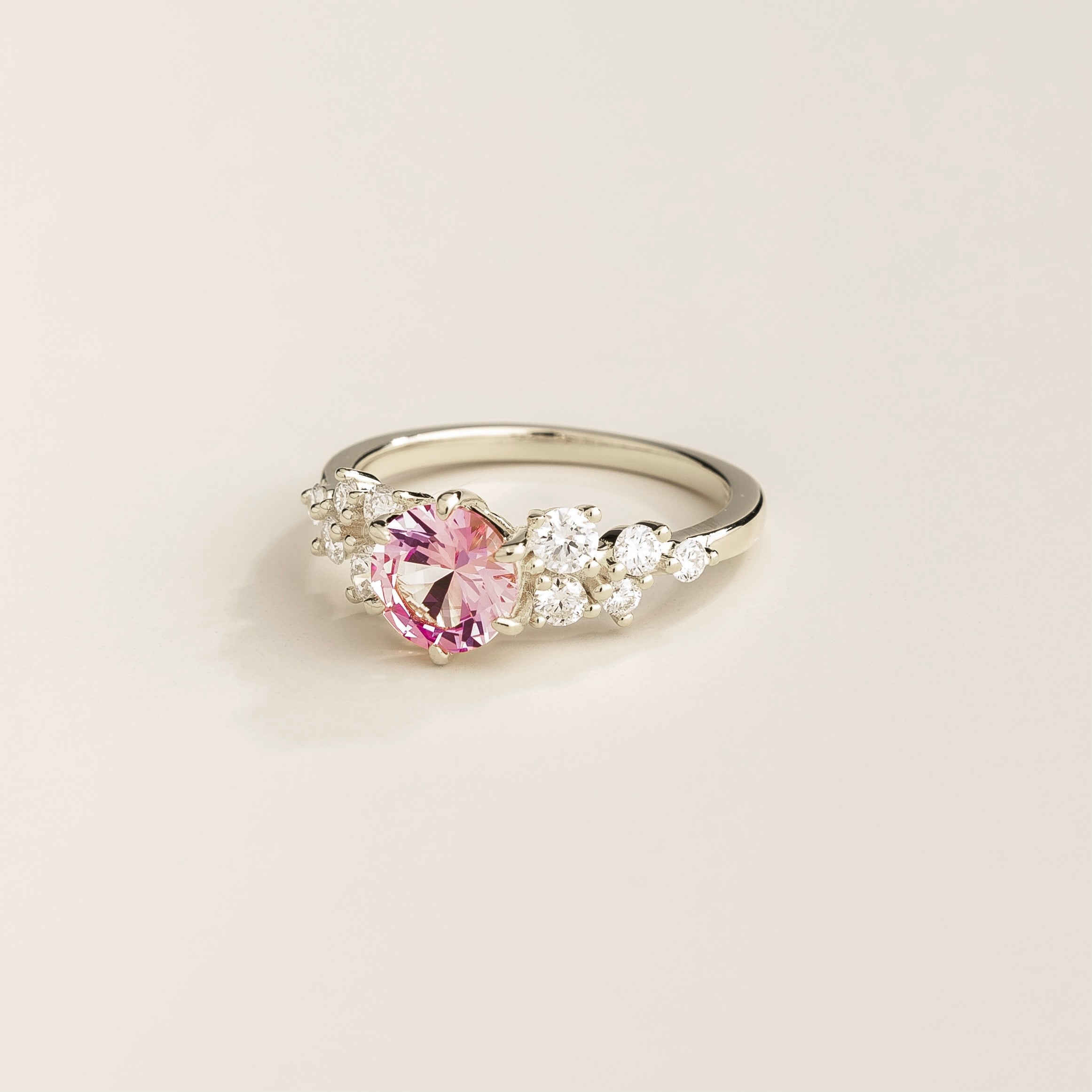 Floret Pink Sapphire Round & Diamond Cluster Ring in White Gold