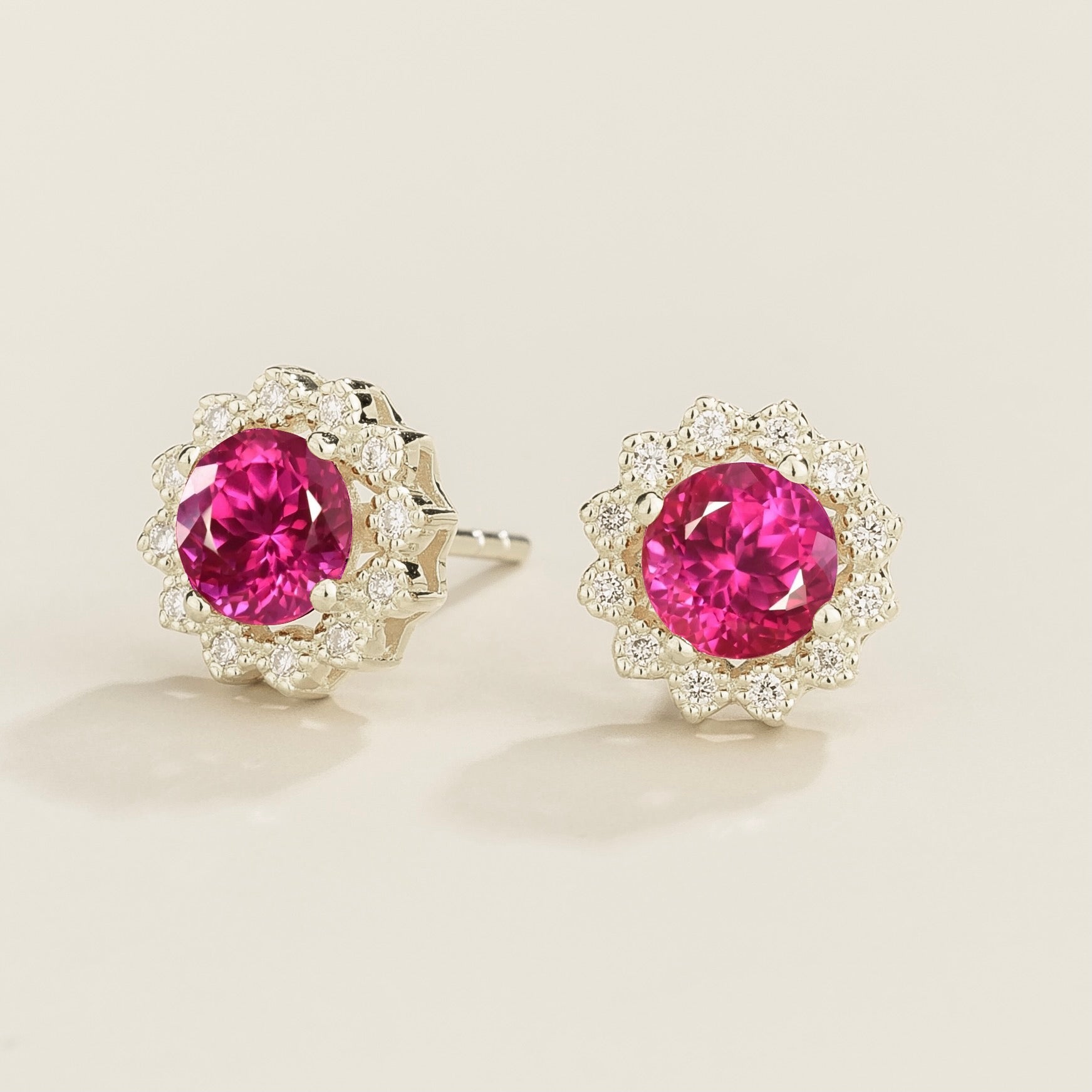 Solen Vivid Pink Sapphire Round & Diamond Halo Stud Earrings in White Gold