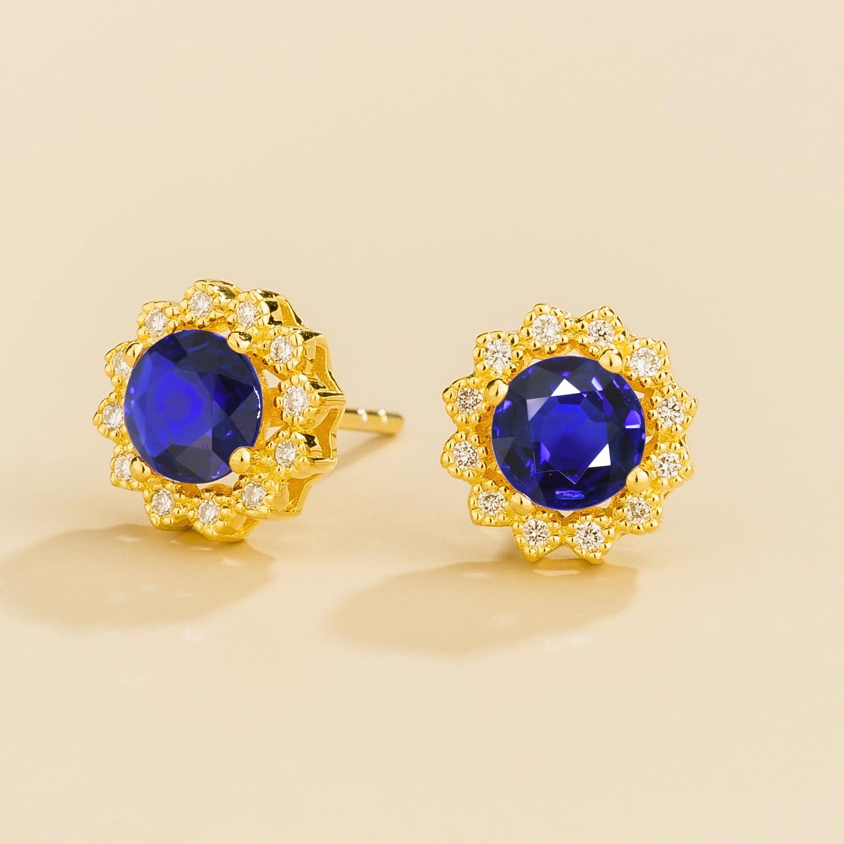 Solen Blue Sapphire Round & Diamond Halo Stud Earrings in Gold