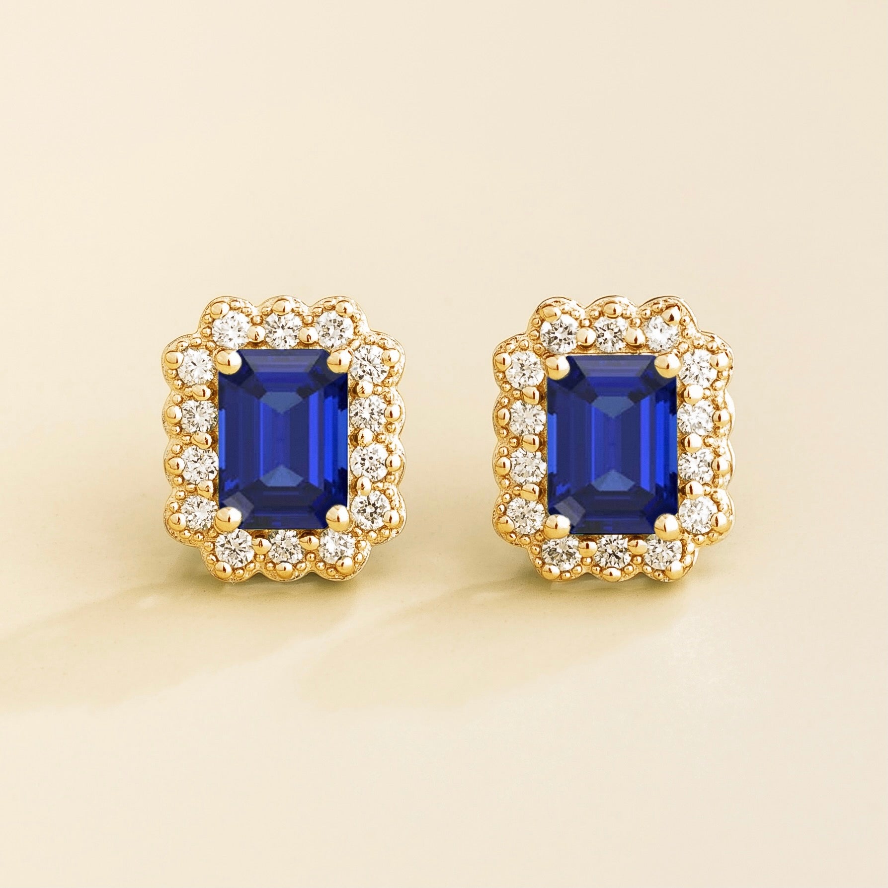 Verda Blue Sapphire Emerald-Cut & Diamond Halo Stud Earrings in Gold