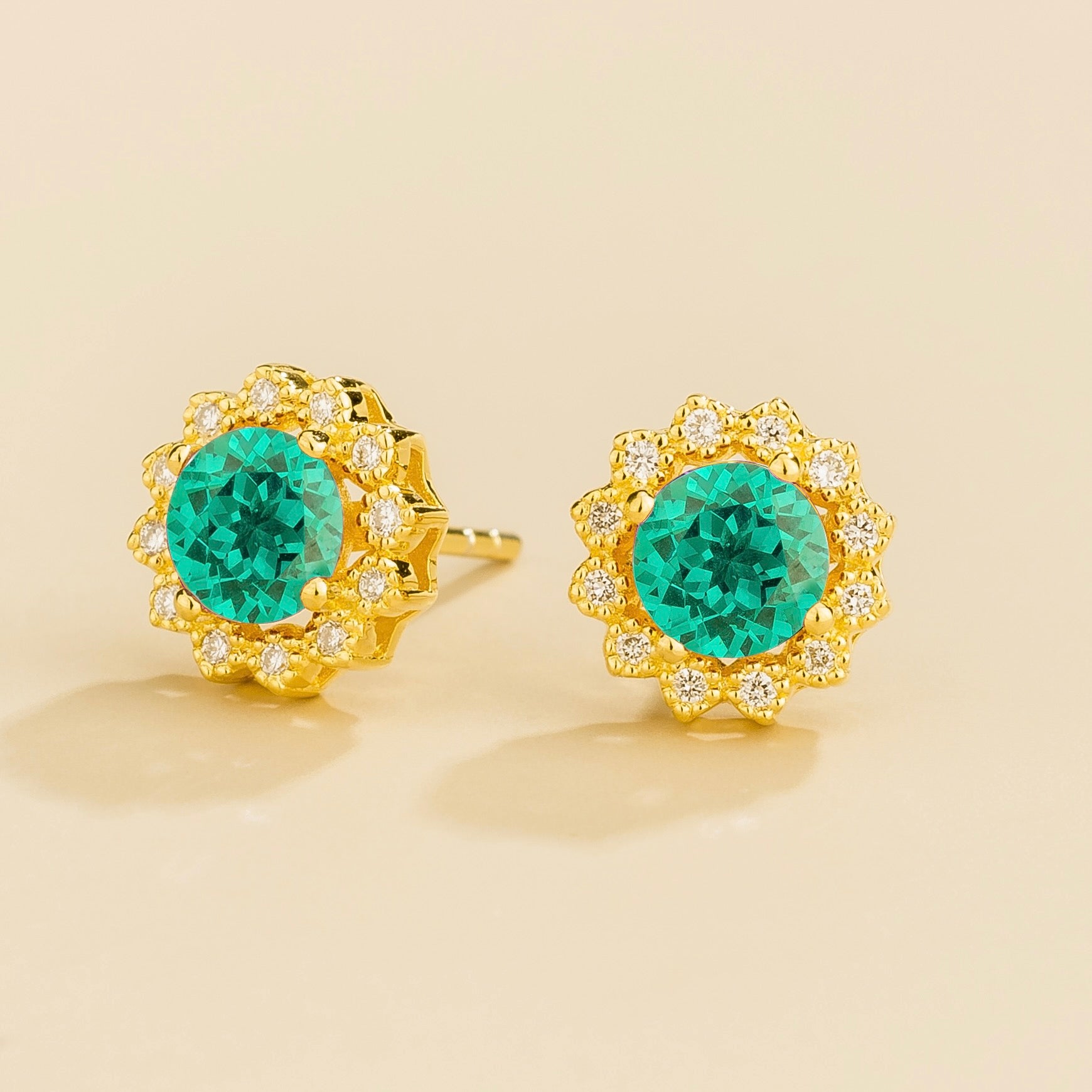 Solen Paraiba Round & Diamond Halo Stud Earrings in Gold