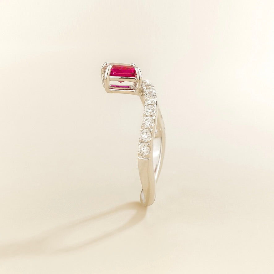 Luno Vivid Pink Sapphire Emerald-Cut & Diamond Pavé Curved Band Ring in White Gold