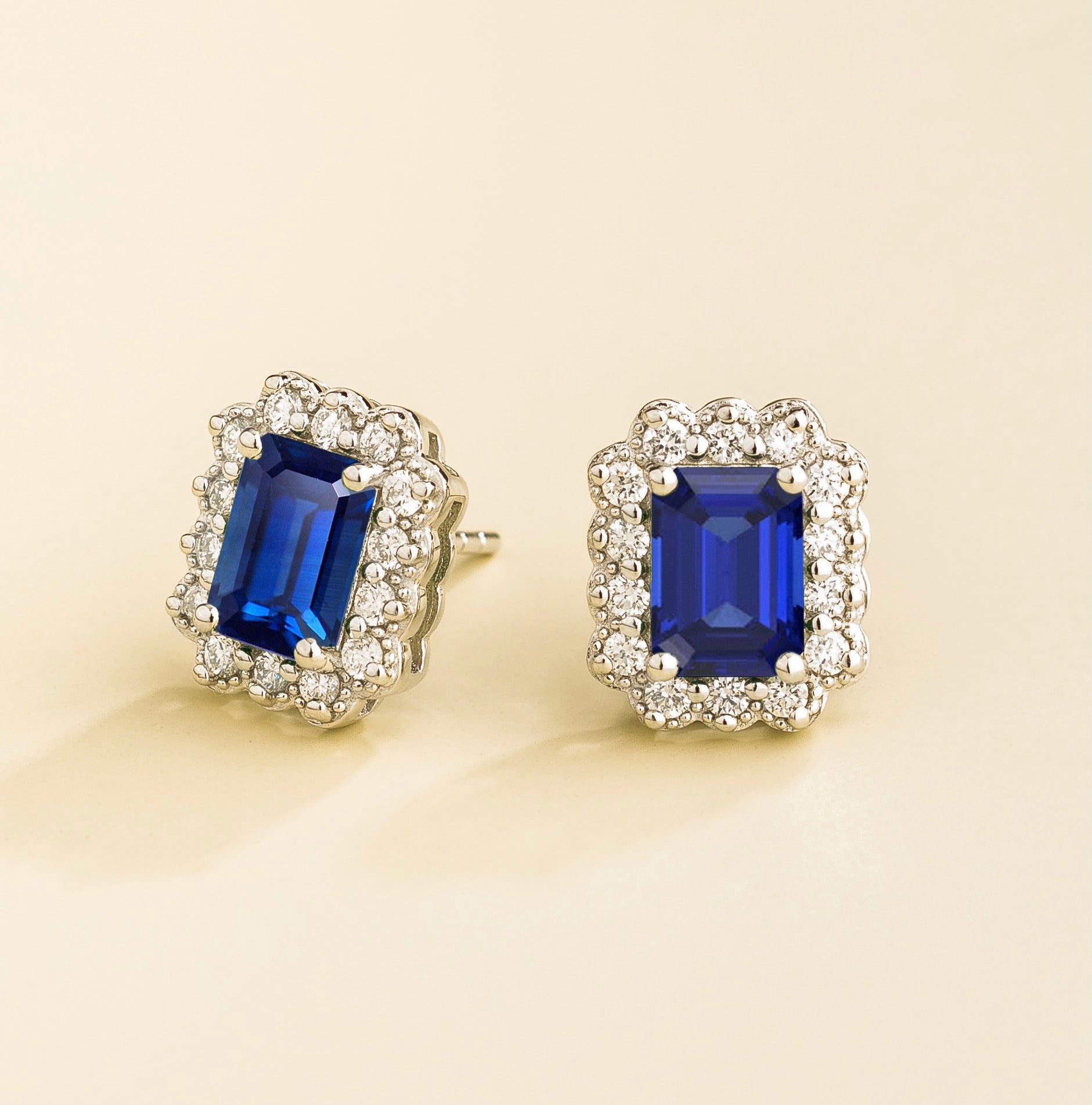 Verda Blue Sapphire Emerald-Cut & Diamond Halo Stud Earrings in White Gold