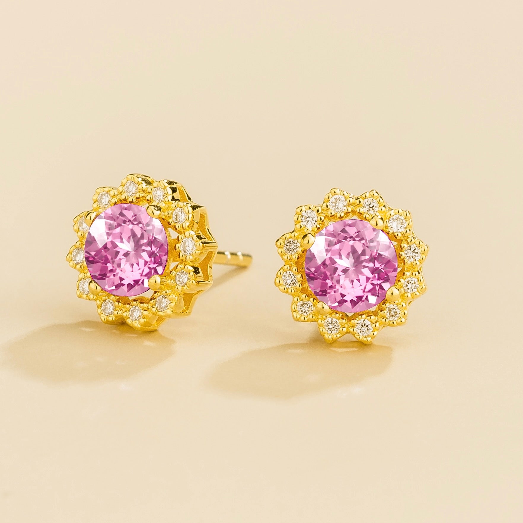 Solen Pastel Pink Sapphire Round & Diamond Halo Stud Earrings in Gold