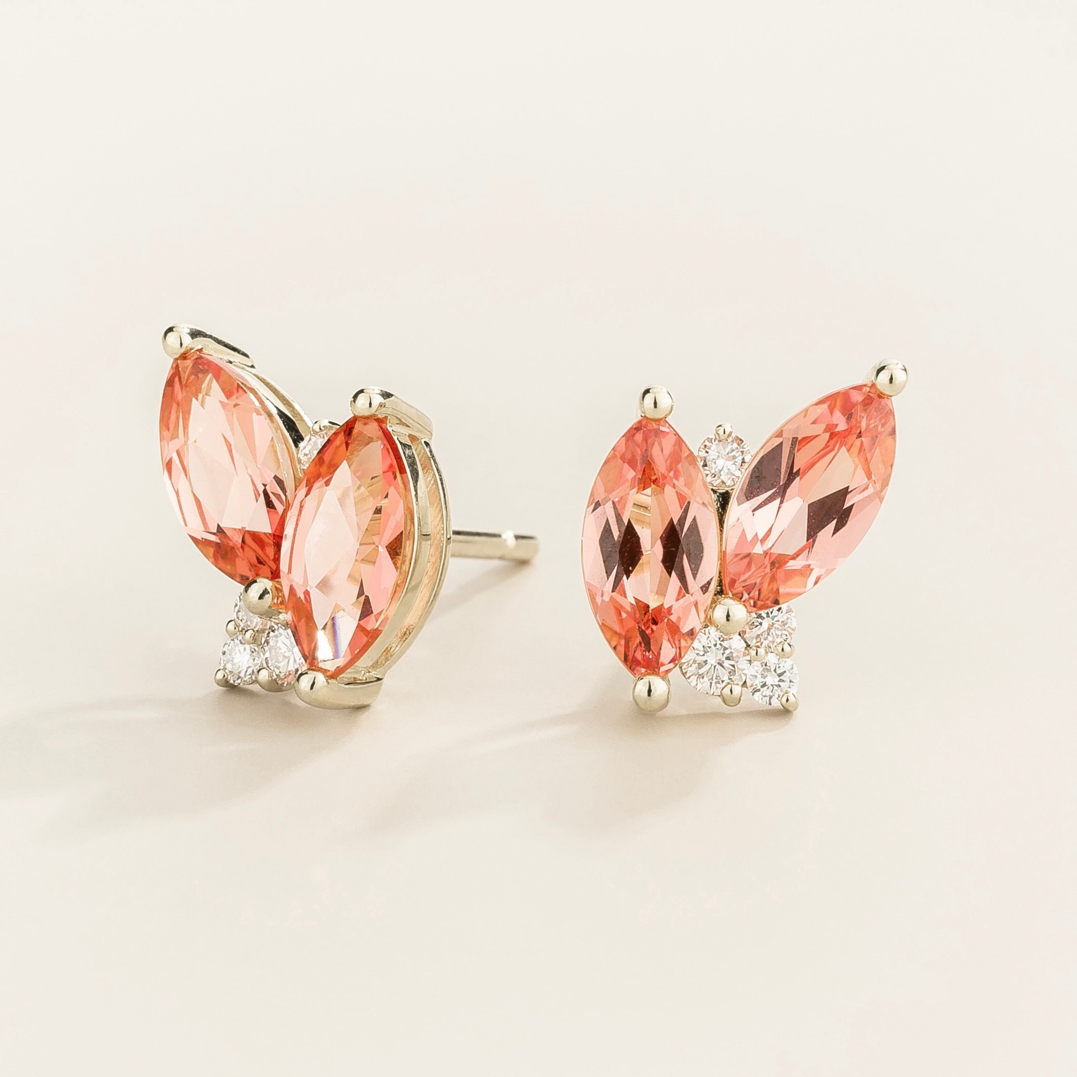 Vento Marquise Padparadscha Sapphire & Diamond Cluster Stud Earrings in White Gold