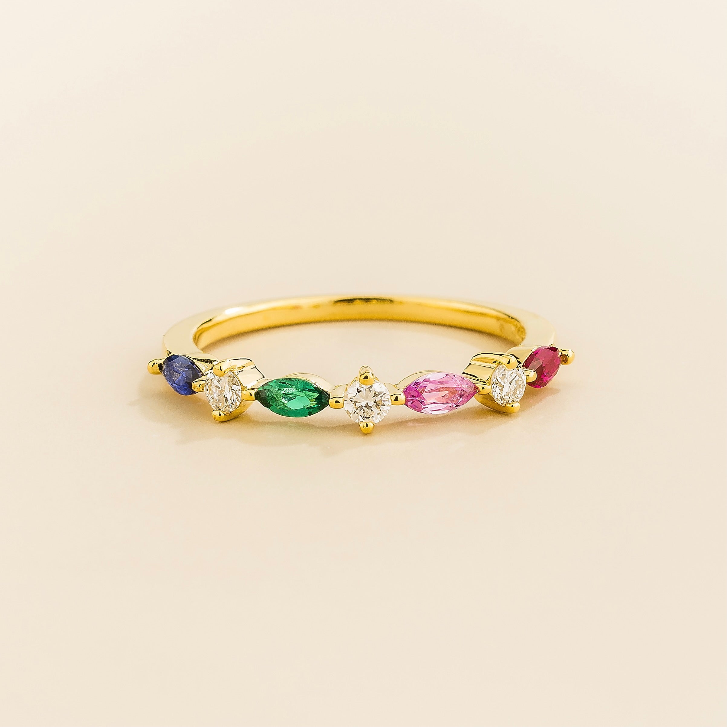 Marquise Ruby, Pink sapphire, Emerald, Blue sapphire & Diamond Half Eternity Band Gold Ring