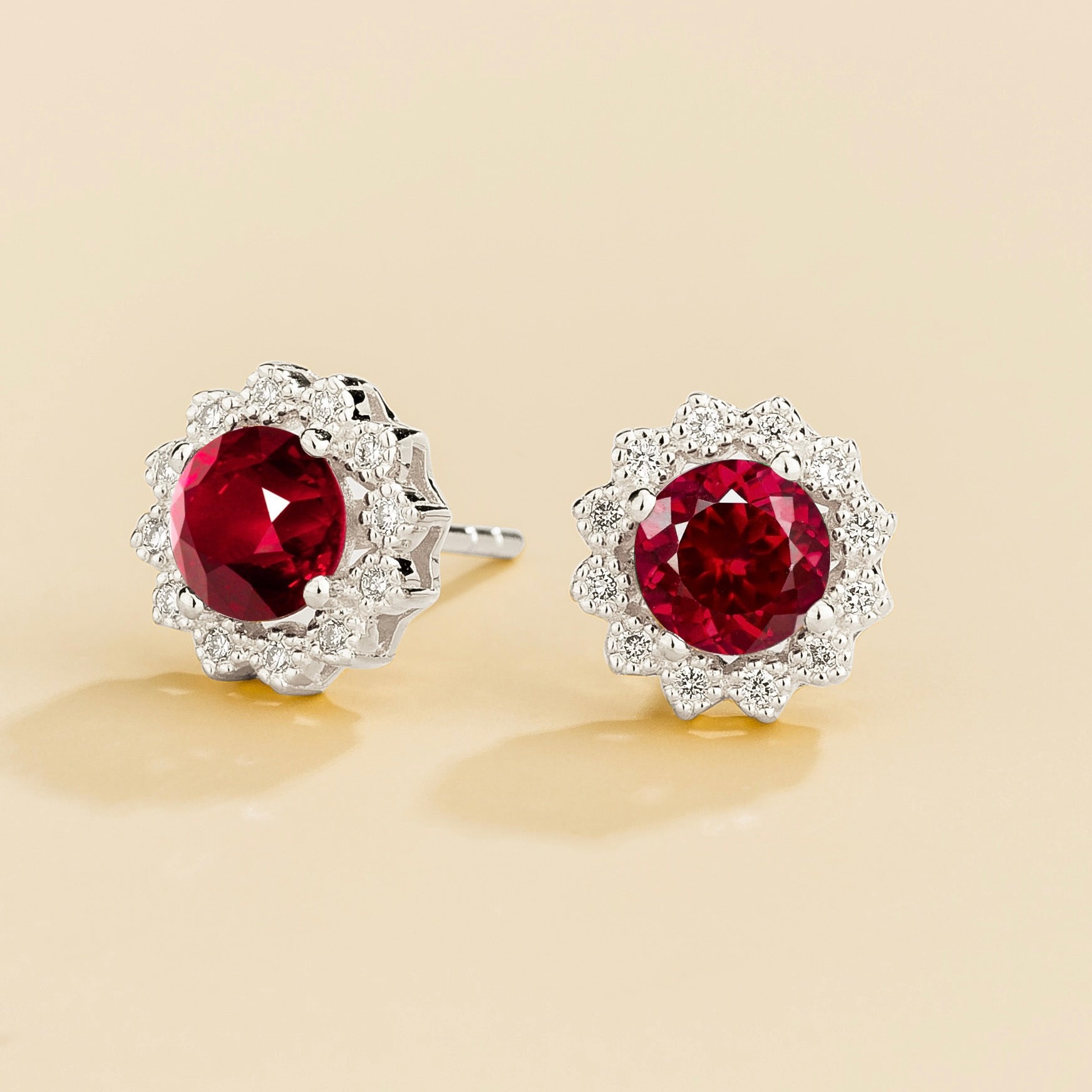 Solen Purple Sapphire Round & Diamond Halo Stud Earrings in White Gold