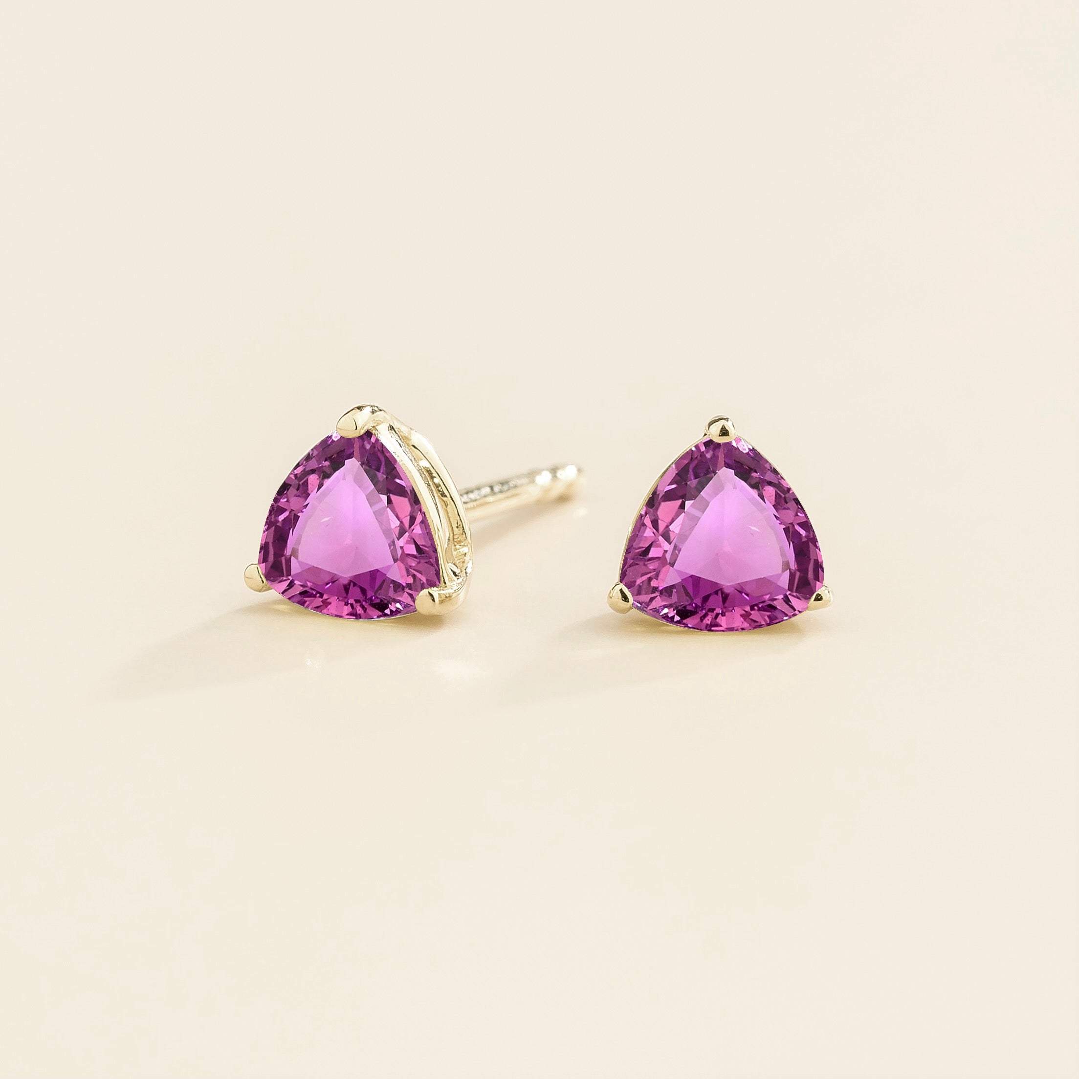 Trillion Purple Sapphire Solitaire Stud Earrings in White Gold