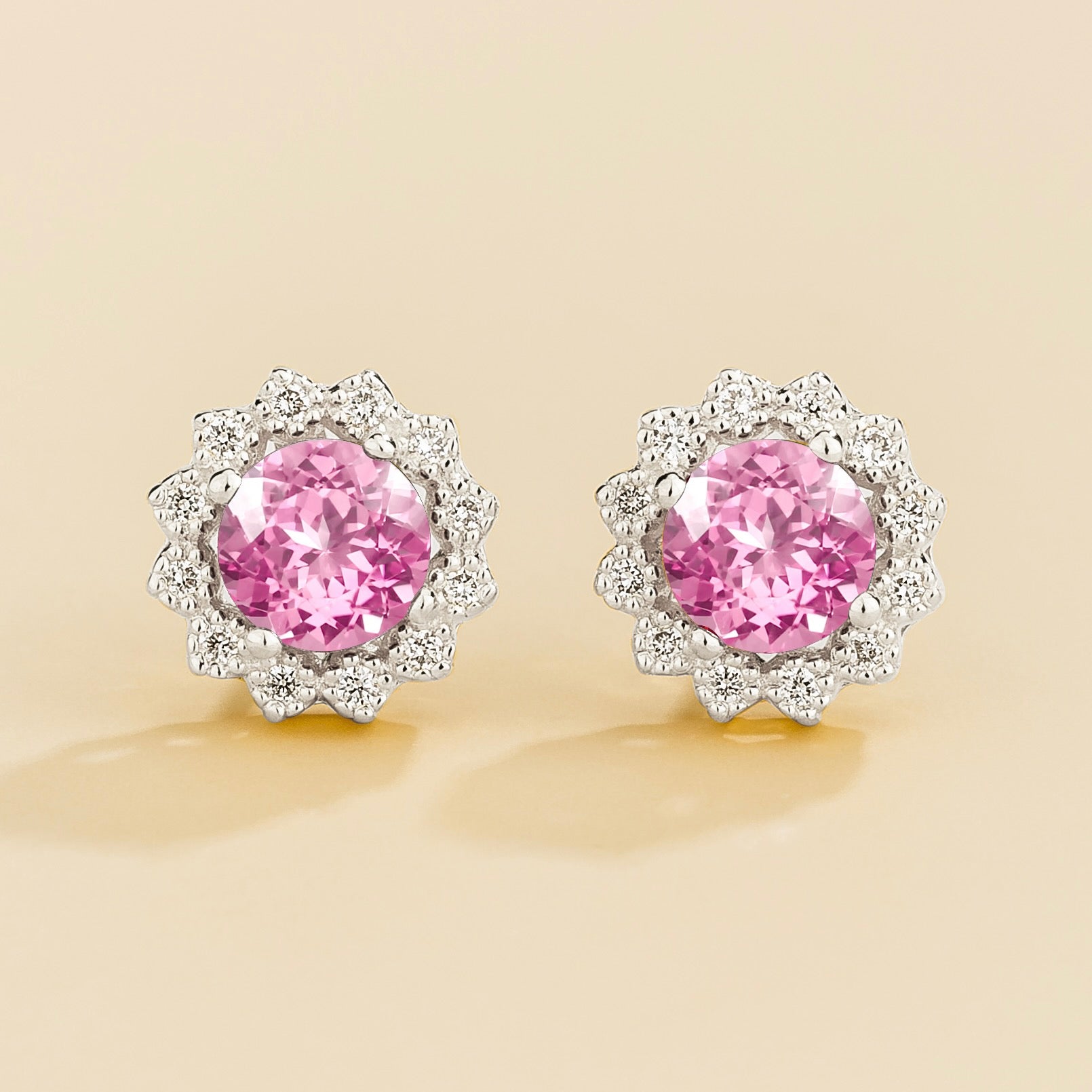 Solen Pastel Pink Sapphire Round & Diamond Halo Stud Earrings in White Gold