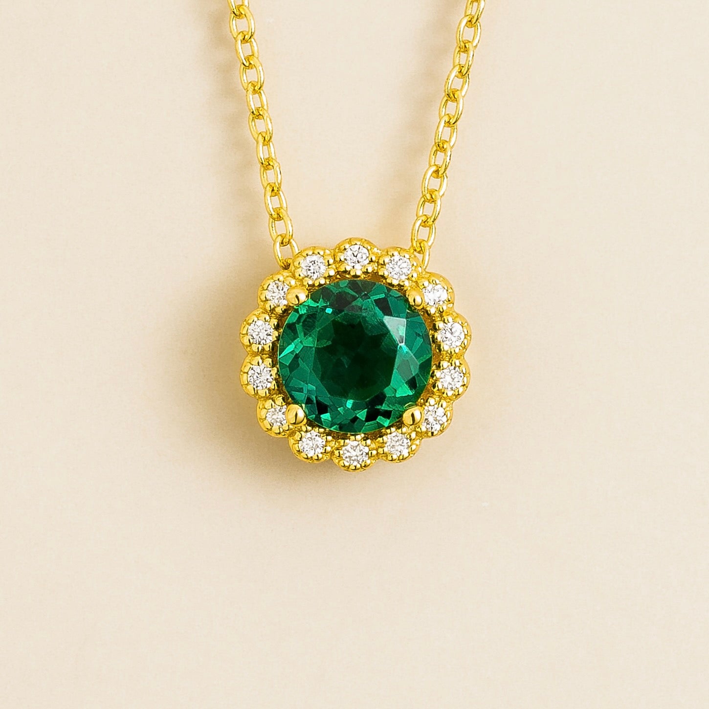 Solen Emerald Round & Diamond Halo Pendant Necklace in Gold