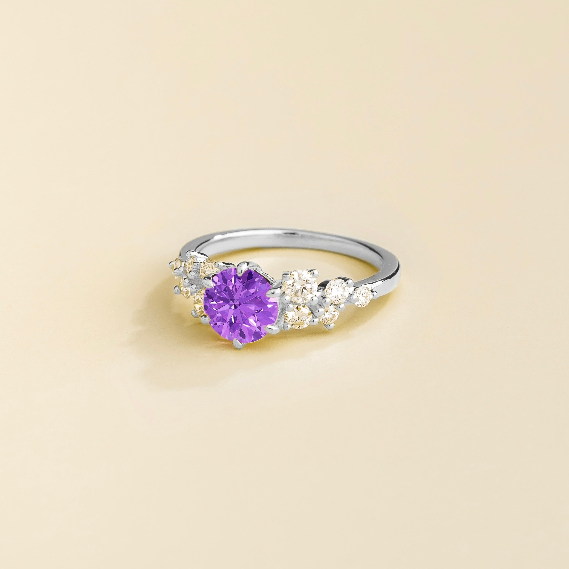 Floret Purple Sapphire Round & Diamond Cluster Ring in White Gold