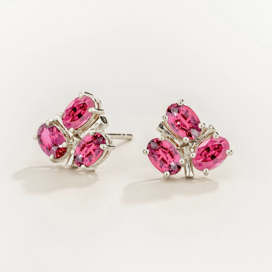 Ligna Oval Pink Sapphire Cluster Stud Earrings in White Gold