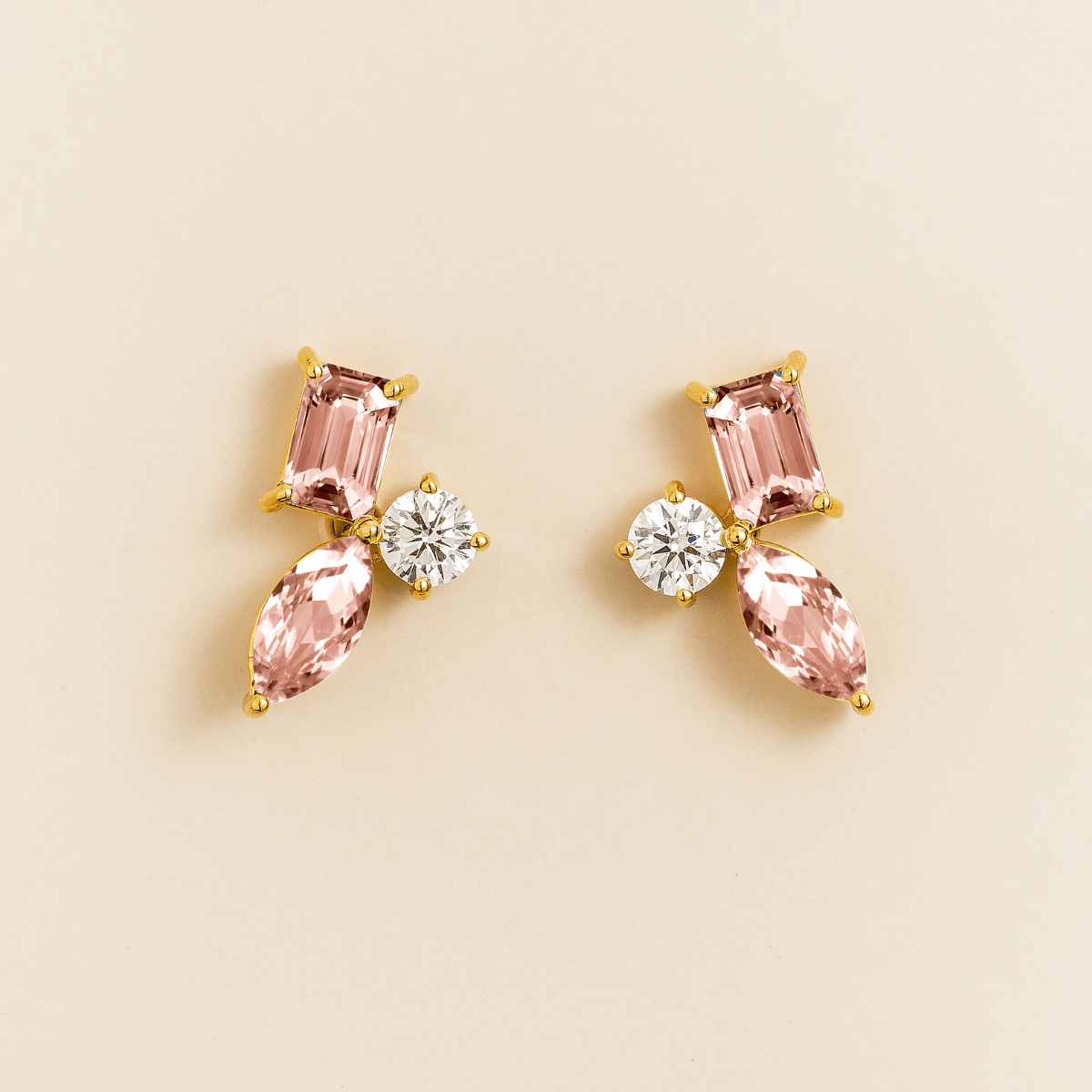 Sanka Morganite & Diamond Three Stone Earrings in Gold
